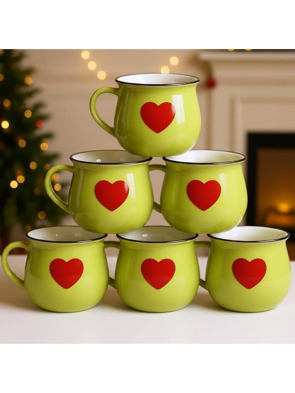 Set of 6 Lime Green Christmas Ceramic Coffee Mugs - Festive Holiday Drinkware